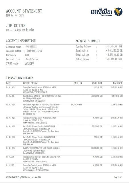 Download Cambodia ACLEDA bank account statement word